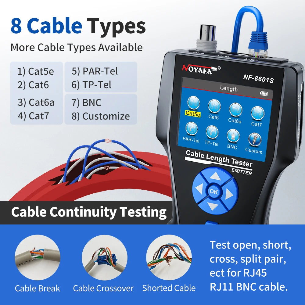 NOYAFA NF-8601S Network Cable Tester Anti-Interference Cable Tracker PING Tester RJ45 RJ11 Measure Length Tester Network Tools